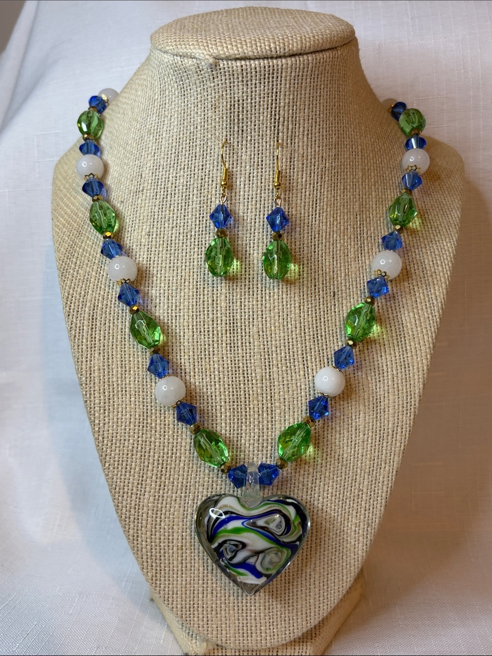 Handcrafted Murano Glass, White Jade and Crystal Necklace and Earring Set